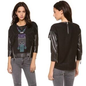 Milly Nora Leather Sleeve Pullover with Fringe